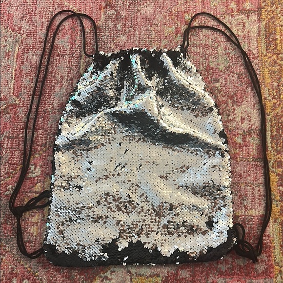Handbags - Silver + Black Sequin Drawstring Backpack